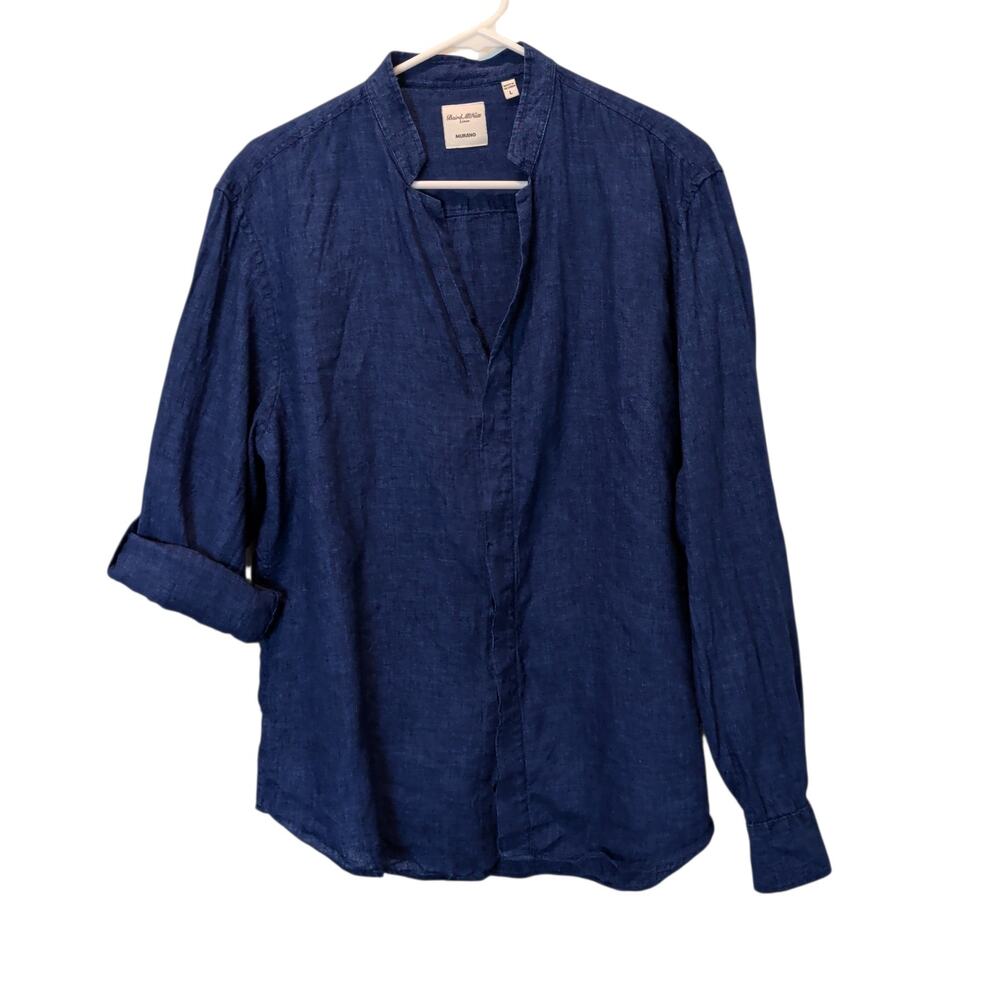 Baird McNutt Women's Sz L Murano Chambray 100% Linen Roll Tab Button Up Shirt
